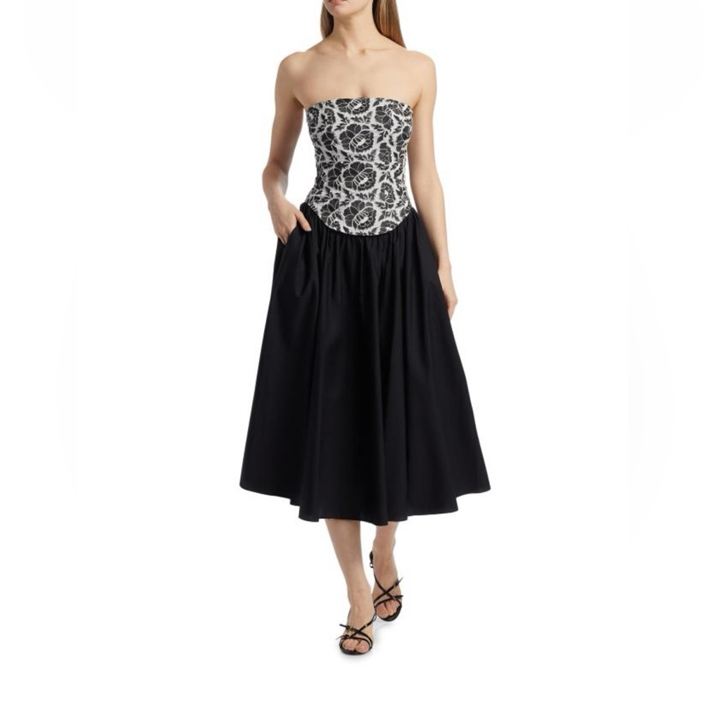 NWT TOCCIN Dress Melody Floral Cotton Corset Midi- Black White 10